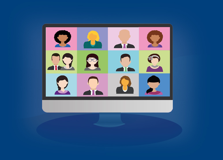 computer screen with shapes of people aranged in tile format, similar to a zoom or teams call.